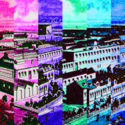 Manufakturen-Blog-PopArt-Projekt: Fabrikstadt I (fragmentiert), bunt (Foto: Wigmar Bressel) - basierend auf dem Kopf einer historischen Rechnung der Silberwarenmanufaktur Koch & Bergfeld vom Ende des 19. Jahrhunderts. Die Unternehmer Koch und Bergfeld sahen sich ja als Fabrikenten und ließen für den Rechungskopf eine leicht vergrößerte und kompakter zusammengestellte Sicht auf ihre Produktionsgebäude zeigen - ich habe mir erlaubt, diese - sicherlich in ihrem Sinne - nocheinmal zu vergrößern und neu zu komponieren...