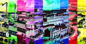 Manufakturen-Blog-PopArt-Projekt: Fabrikstadt I (fragmentiert), bunt (Foto: Wigmar Bressel) - basierend auf dem Kopf einer historischen Rechnung der Silberwarenmanufaktur Koch & Bergfeld vom Ende des 19. Jahrhunderts. Die Unterenehmer Koch und Bergfeld sahen sich ja als Fabrikenten und ließen für den Rechungskopf eine leicht vergrößerte und kompakter zusammengestellte Sicht auf ihre Produktionsgebäude zeigen - ich habe mir erlaubt, diese - sicherlich in ihrem Sinne - nocheinmal zu vergrößern und neu zu komponieren...