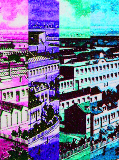 Manufakturen-Blog-PopArt-Projekt: Fabrikstadt I (fragmentiert), bunt (Foto: Wigmar Bressel) - basierend auf dem Kopf einer historischen Rechnung der Silberwarenmanufaktur Koch & Bergfeld vom Ende des 19. Jahrhunderts. Die Unternehmer Koch und Bergfeld sahen sich ja als Fabrikenten und ließen für den Rechungskopf eine leicht vergrößerte und kompakter zusammengestellte Sicht auf ihre Produktionsgebäude zeigen - ich habe mir erlaubt, diese - sicherlich in ihrem Sinne - nocheinmal zu vergrößern und neu zu komponieren...