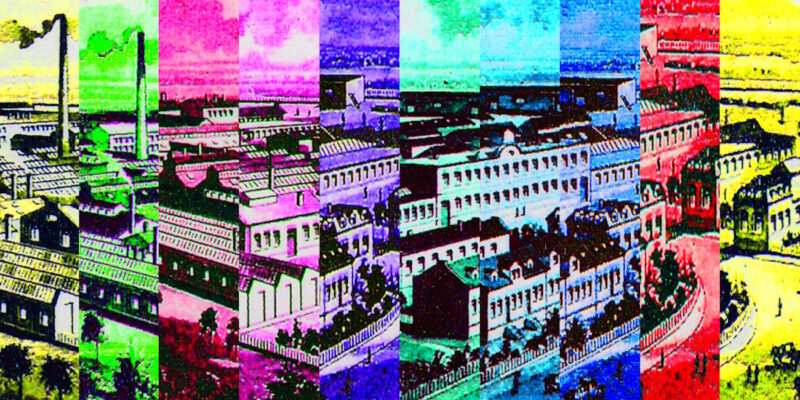 Manufakturen-Blog-PopArt-Projekt: Fabrikstadt I (fragmentiert), bunt (Foto: Wigmar Bressel) - basierend auf dem Kopf einer historischen Rechnung der Silberwarenmanufaktur Koch & Bergfeld vom Ende des 19. Jahrhunderts. Die Unternehmer Koch und Bergfeld sahen sich ja als Fabrikenten und ließen für den Rechungskopf eine leicht vergrößerte und kompakter zusammengestellte Sicht auf ihre Produktionsgebäude zeigen - ich habe mir erlaubt, diese - sicherlich in ihrem Sinne - nocheinmal zu vergrößern und neu zu komponieren...