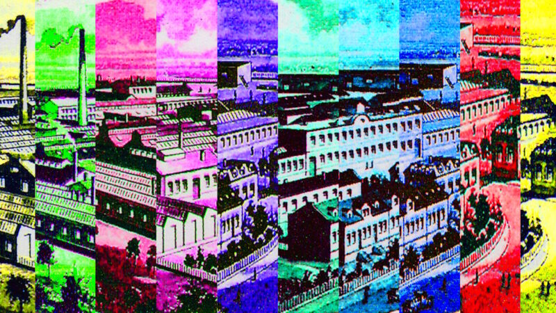 Manufakturen-Blog-PopArt-Projekt: Fabrikstadt I (fragmentiert), bunt (Foto: Wigmar Bressel) - basierend auf dem Kopf einer historischen Rechnung der Silberwarenmanufaktur Koch & Bergfeld vom Ende des 19. Jahrhunderts. Die Unternehmer Koch und Bergfeld sahen sich ja als Fabrikenten und ließen für den Rechungskopf eine leicht vergrößerte und kompakter zusammengestellte Sicht auf ihre Produktionsgebäude zeigen - ich habe mir erlaubt, diese - sicherlich in ihrem Sinne - nocheinmal zu vergrößern und neu zu komponieren...