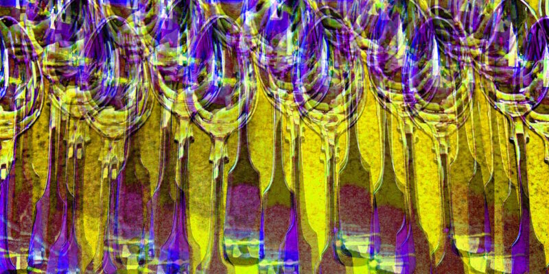 Manufakturen-Blog-PopArt-Projekt: Kaffeelöffel, blaugelb (Foto: Wigmar Bressel) - basierend auf einem Foto von Kaffeelöffeln des Modells 'Spaten' auf einem Brett in der Poliererei der Besteckmanufaktur von Koch & Bergfeld in der Bremer Neustadt