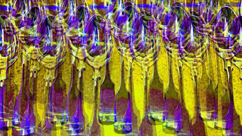 Manufakturen-Blog-PopArt-Projekt: Kaffeelöffel, blaugelb (Foto: Wigmar Bressel) - basierend auf einem Foto von Kaffeelöffeln des Modells 'Spaten' auf einem Brett in der Poliererei der Besteckmanufaktur von Koch & Bergfeld in der Bremer Neustadt