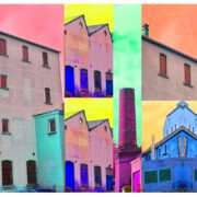 Manufakturen-Blog-PopArt-Projekt: Die Leinenweberei Hoffmann (fragmentiert), pastell (Foto: Wigmar Bressel) - basierend auf einem Foto des Produktionsgebäudes der einzigen verbliebenen Leinenweberei in der Lausitz in Neukirch