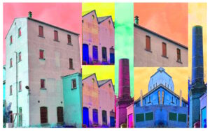 Manufakturen-Blog-PopArt-Projekt: Die Leinenweberei Hoffmann (fragmentiert), pastell (Foto: Wigmar Bressel) - basierend auf einem Foto des Produktionsgebäudes der einzigen verbliebenen Leinenweberei in der Lausitz in Neukirch