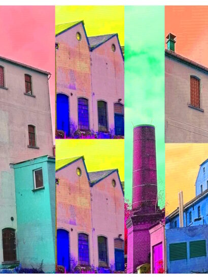 Manufakturen-Blog-PopArt-Projekt: Die Leinenweberei Hoffmann (fragmentiert), pastell (Foto: Wigmar Bressel) - basierend auf einem Foto des Produktionsgebäudes der einzigen verbliebenen Leinenweberei in der Lausitz in Neukirch
