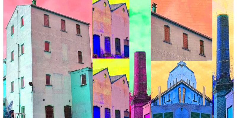 Manufakturen-Blog-PopArt-Projekt: Die Leinenweberei Hoffmann (fragmentiert), pastell (Foto: Wigmar Bressel) - basierend auf einem Foto des Produktionsgebäudes der einzigen verbliebenen Leinenweberei in der Lausitz in Neukirch
