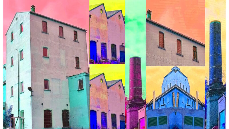 Manufakturen-Blog-PopArt-Projekt: Die Leinenweberei Hoffmann (fragmentiert), pastell (Foto: Wigmar Bressel) - basierend auf einem Foto des Produktionsgebäudes der einzigen verbliebenen Leinenweberei in der Lausitz in Neukirch