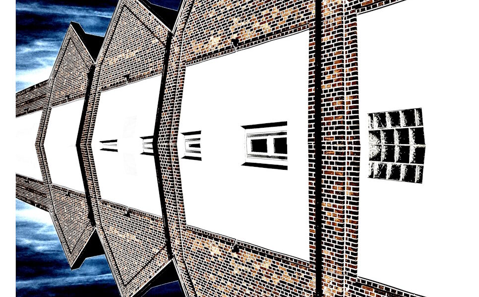 Manufakturen-Blog-PopArt-Projekt: Die Leinenfabrik Seegers & Sohn, schwarz / braun / weiß (Foto: Wigmar Bressel) - basierend auf einem Foto des Werks in Steinhude am Steinhuder Meer