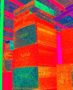 Manufakturen-Blog-PopArt-Projekt: Kuben, zinnoberrot (Foto: Wigmar Bressel) - basierend auf einem Foto im Lager der Matratzenmanufaktur Wulff Med Tec im Dithmarschener Fedderingen