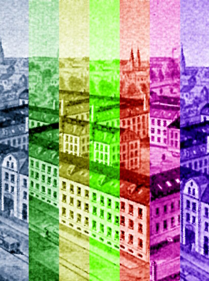 Manufakturen-Blog-PopArt-Projekt: Fabrikstadt III (fragmentiert), bunt (Foto: Wigmar Bressel) - basierend auf einer historischen Darstellung der Messerschmiede Heinrich Böker Baumwerk in Solingen