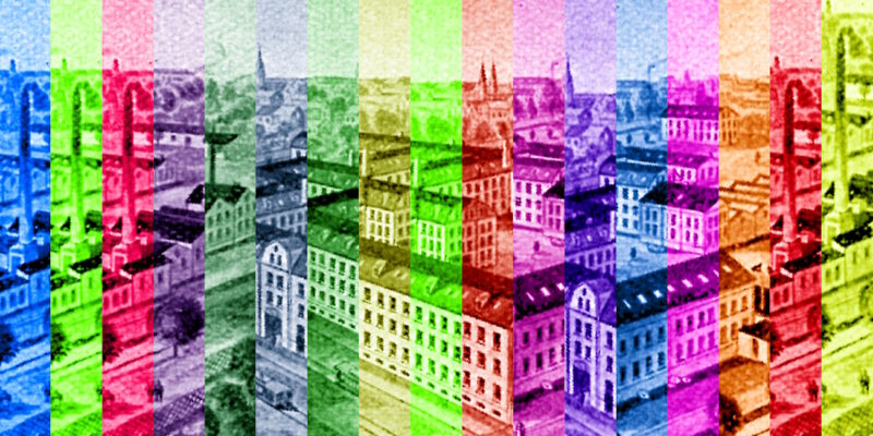 Manufakturen-Blog-PopArt-Projekt: Fabrikstadt III (fragmentiert), bunt (Foto: Wigmar Bressel) - basierend auf einer historischen Darstellung der Messerschmiede Heinrich Böker Baumwerk in Solingen