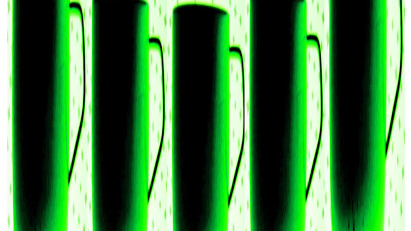 Manufakturen-Blog-PopArt-Projekt: Säulen III (Fünf Tassen), neongrün (Foto: Wigmar Bressel) - basierend auf einem Foto einer Tasse der Serie 'Fluen' von Alfredo Häberli für die niedersächsische Porzellanmanufaktur Fürstenberg