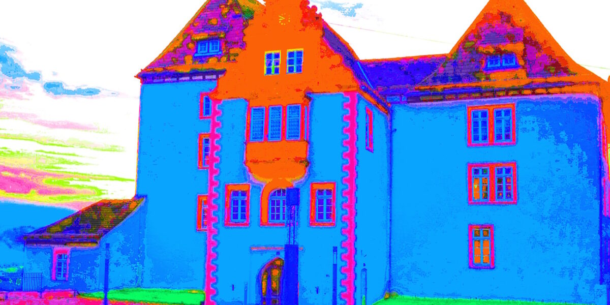 Manufakturen-Blog-PopArt-Projekt: Die Porzellanmanufaktur Fürstenberg I, blau (Foto: Wigmar Bressel) - basierend auf dem Ausschnitt eines Fotos von Martin Specht vom historischen Jagdschloss der Braunschweiger Herzöge in Fürstenberg an der Weser, in dem heute das Werksmuseum der niedersächsischen Porzellanmanufaktur untergebracht ist.