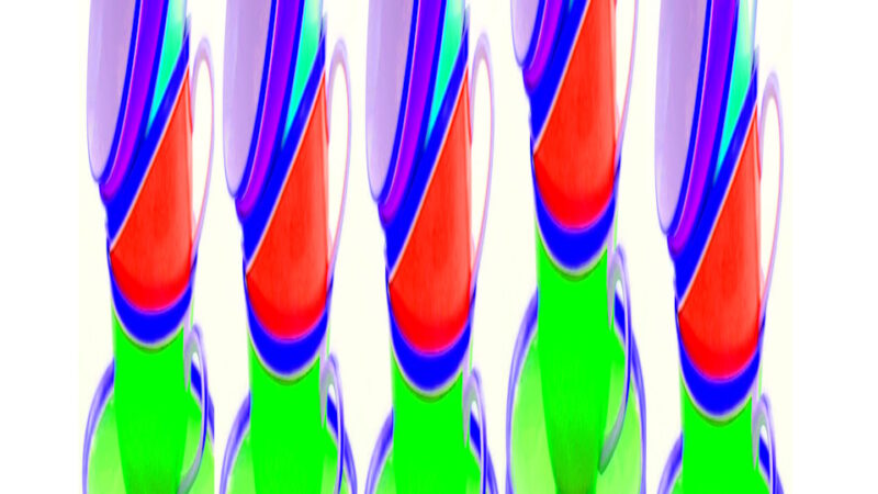 Manufakturen-Blog-PopArt-Projekt: Fünf Tassen I, lila / rot / neongrün (Foto: Wigmar Bressel) - basierend auf einem Foto von Tassen des Designs 'Colourmix' aus der Porzellanmanufaktur Reichenbach im thüringische Reichenbach