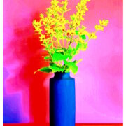 Manufakturen-Blog-PopArt-Projekt: Vase XVI, pink / rot (Foto: Wigmar Bressel) - basierend auf einem Foto der Vase 'Tini' des Ostpreußen Peter Smalun (1939 - 2023) für die Weimarer Porzellanmanufaktur (1790 - 2018) in den 1960er Jahren, vor der Verschrottung gerettet von der Hamburger Fotojournalistin Susanne Katzenberg (1967 - 2026) mit ihrem 'Projekt unverloren', produziert in der Porzellanmanufaktur Reichenbach; hier in Funktion für den 'Punktierten Gilbweiderich'...