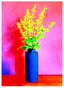 Manufakturen-Blog-PopArt-Projekt: Vase XVI, pink / rot (Foto: Wigmar Bressel) - basierend auf einem Foto der Vase 'Tini' des Ostpreußen Peter Smalun (1939 - 2023) für die Weimarer Porzellanmanufaktur (1790 - 2018) in den 1960er Jahren, vor der Verschrottung gerettet von der Hamburger Fotojournalistin Susanne Katzenberg (1967 - 2026) mit ihrem 'Projekt unverloren', produziert in der Porzellanmanufaktur Reichenbach; hier in Funktion für den 'Punktierten Gilbweiderich'...