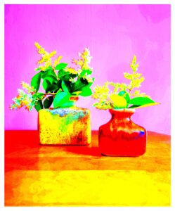 Manufakturen-Blog-PopArt-Projekt: Zwei Vasen, pink / rot / gelb (Foto: Wigmar Bressel) - basierend auf einem Foto von zwei Vasen aus der Keramikmanufaktur Silberdistel- Fayencen mit Japanischem Liguster