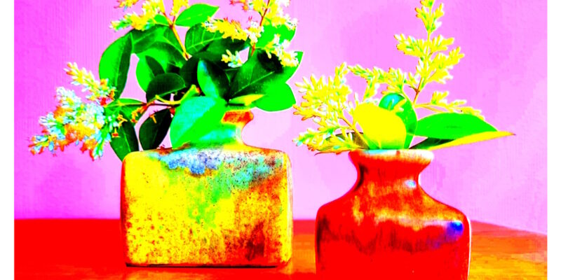 Manufakturen-Blog-PopArt-Projekt: Zwei Vasen II, pink / rot / gelb (Foto: Wigmar Bressel) - basierend auf einem Foto von zwei Vasen aus der Keramikmanufaktur Silberdistel-Fayencen mit Japanischem Liguster