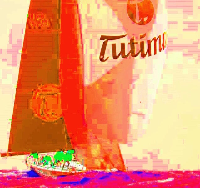 Manufakturen-Blog-PopArt-Projekt: Tutima Rennyacht, rot (Foto: Wigmar Bressel) - basierend auf einem Foto von Sander van der Borch während der Offshore-Segelweltmeisterschaften im Jahr 2018 vor Scheveningen in den Niederlanden - das einzige reine Frauenteam, gesponsert von der Uhrenmanufaktur Tutima aus Glashütte, erreichte gegen die Mixed- und Männerteams den 8. Platz...