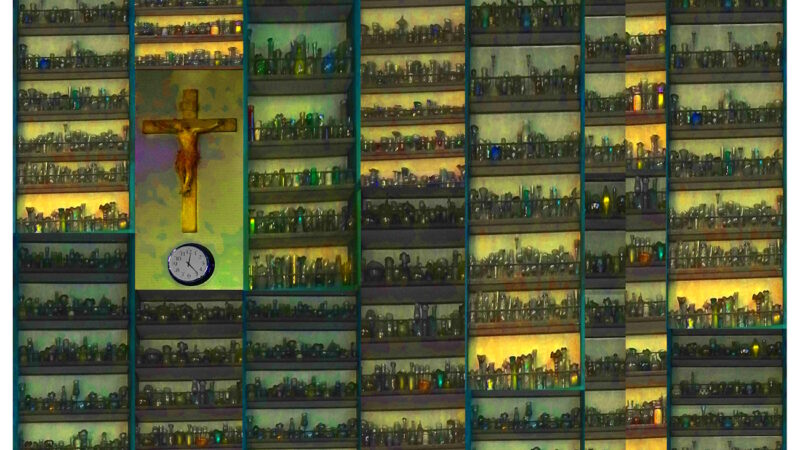 Manufakturen-Blog-PopArt-Projekt: Hochregallager V (mit Gekreuzigtem & Uhr), stahlgelb (Foto: Wigmar Bressel) - Collage, basierend auf einem Foto von Martin Specht in der Ofenhalle der Freiherr von Poschinger Glasmanufaktur in Frauenau im Bayerischen Wald