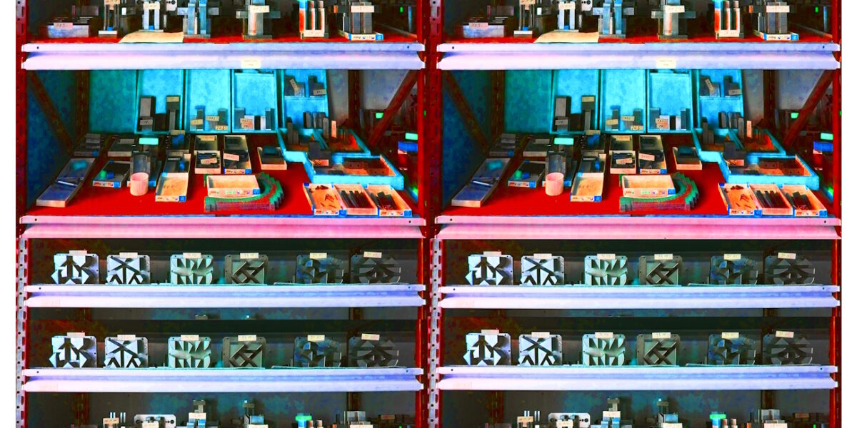 Manufakturen-Blog-PopArt-Projekt: Werkzeugregal I, rosa / hellblau (Foto: Wigmar Bressel) - basierend auf einem Foto im Werkzeuglager bei der Ankerstein GmbH, dem ältesten Systembaukasten-Hersteller der Welt, im thüringischen Rudolstadt