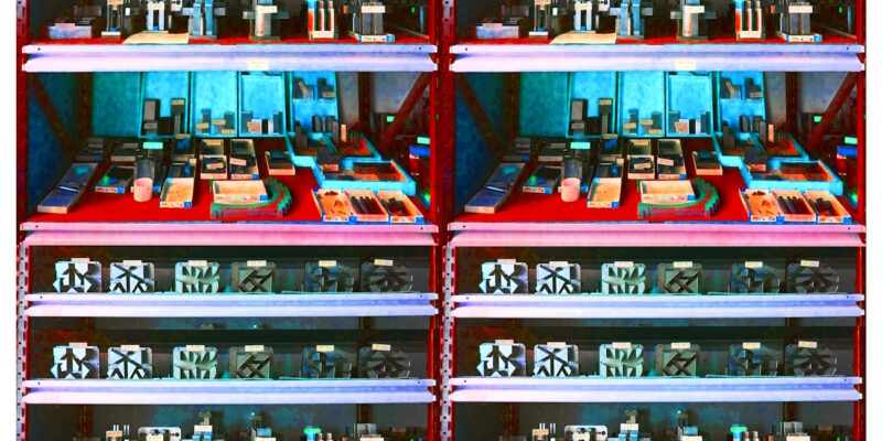 Manufakturen-Blog-PopArt-Projekt: Werkzeugregal I, rosa / hellblau (Foto: Wigmar Bressel) - basierend auf einem Foto im Werkzeuglager bei der Ankerstein GmbH, dem ältesten Systembaukasten-Hersteller der Welt, im thüringischen Rudolstadt