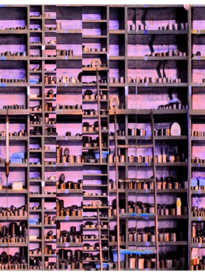 Manufakturen-Blog-PopArt-Projekt: Hochregallager IV, altrosa (Foto: Wigmar Bressel) - basierend auf einem Foto in der Produktion bei Deumer, der Manufaktur für Orden und Manschettenknöpfe in Lüdenscheid