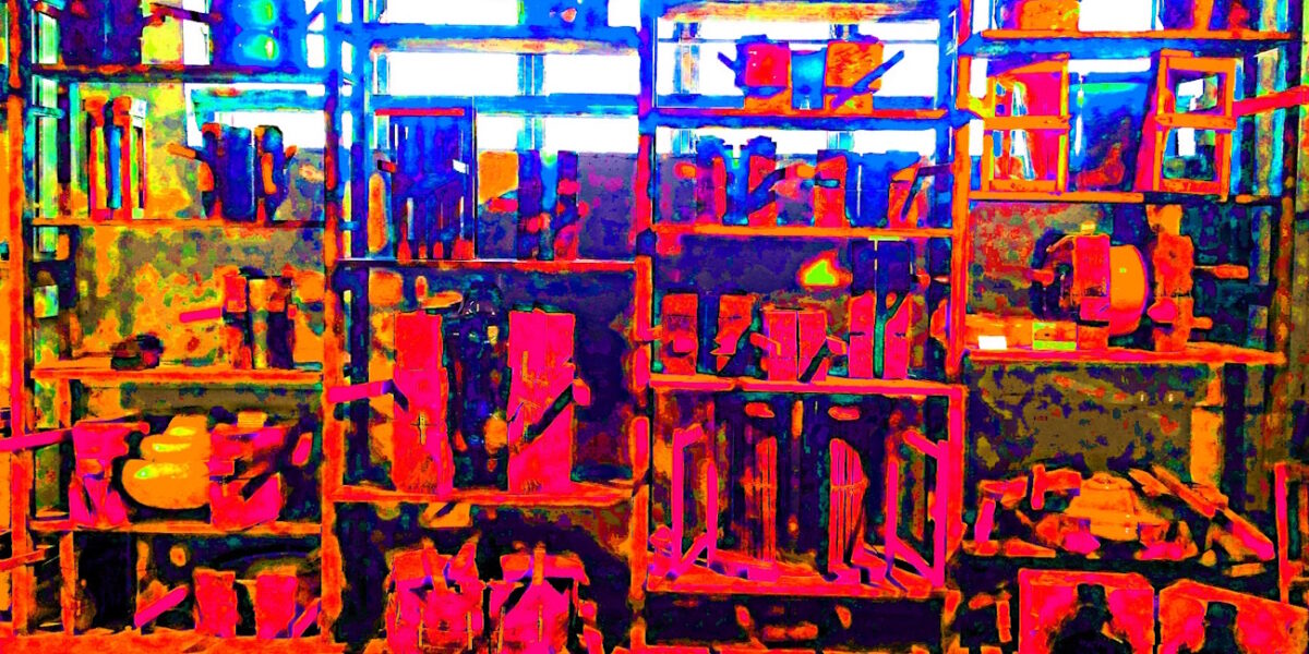 Manufakturen-Blog-PopArt-Projekt: Formenlager, rot (Foto: Wigmar Bressel) - basierend auf einem Foto in der Produktion der Glasmanufaktur Harzkristall in Derenburg in Sachsen-Anhalt