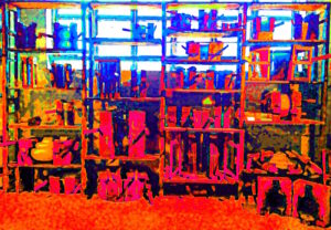 Manufakturen-Blog-PopArt-Projekt: Formenlager, rot (Foto: Wigmar Bressel) - basierend auf einem Foto in der Produktion der Glasmanufaktur Harzkristall in Derenburg in Sachsen-Anhalt