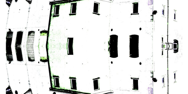 Manufakturen-Blog-PopArt-Projekt: Die Leinenweberei Hoffmann II, schwarz / blau / weiß (Foto: Wigmar Bressel) - basierend auf einem Foto des Produktionsgebäudes der einzigen verbliebenen Leinenweberei in der Lausitz in Neukirch