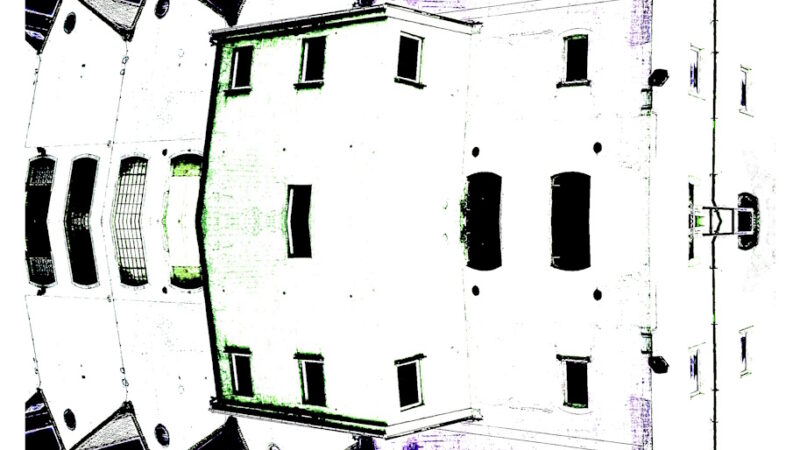 Manufakturen-Blog-PopArt-Projekt: Die Leinenweberei Hoffmann II, schwarz / blau / weiß (Foto: Wigmar Bressel) - basierend auf einem Foto des Produktionsgebäudes der einzigen verbliebenen Leinenweberei in der Lausitz in Neukirch