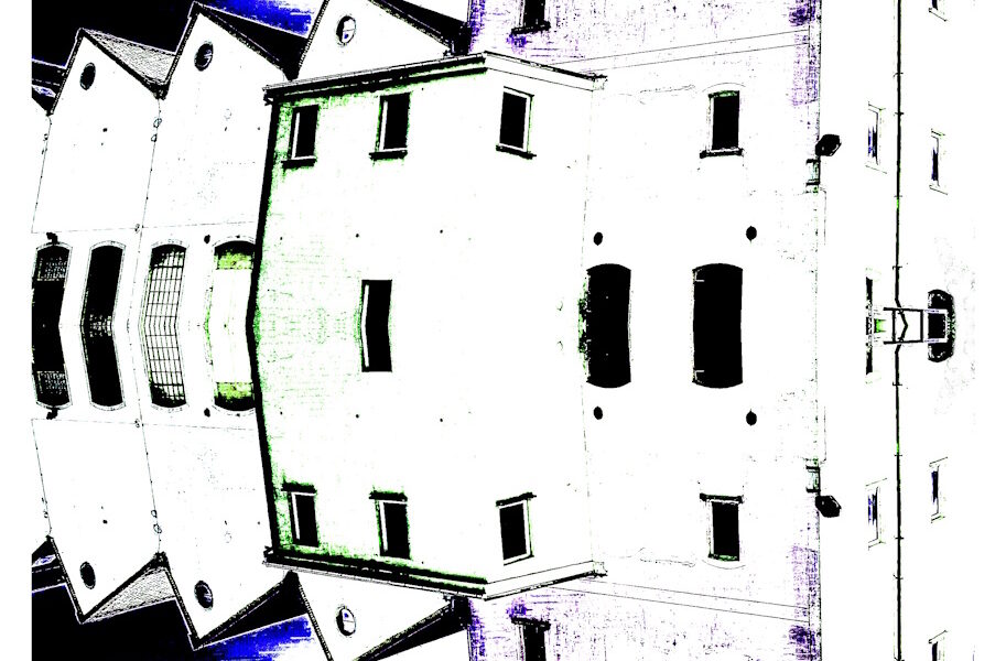 Manufakturen-Blog-PopArt-Projekt: Die Leinenweberei Hoffmann II, schwarz / blau / weiß (Foto: Wigmar Bressel) - basierend auf einem Foto des Produktionsgebäudes der einzigen verbliebenen Leinenweberei in der Lausitz in Neukirch