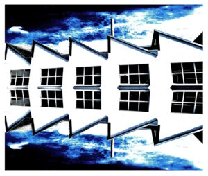Manufakturen-Blog-PopArt-Projekt: Die Porzellanmanufaktur Fürstenberg VI, schwarz / blau / weiß (Foto: Wigmar Bressel) - basierend auf einem Foto von den Produktionshallen der niedersächsischen Staats-Porzellanmanufaktur in Fürstenberg