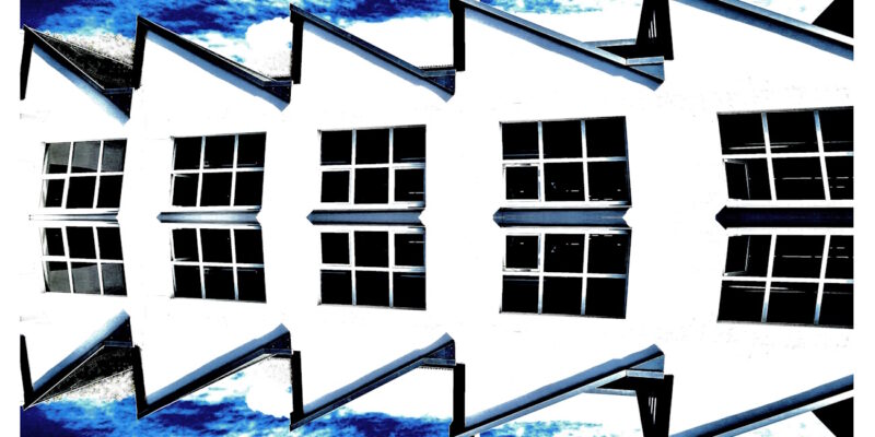 Manufakturen-Blog-PopArt-Projekt: Die Porzellanmanufaktur Fürstenberg VI, schwarz / blau / weiß (Foto: Wigmar Bressel) - basierend auf einem Foto von den Produktionshallen der niedersächsischen Staats-Porzellanmanufaktur in Fürstenberg