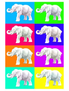 Manufakturen-Blog-PopArt-Projekt: Aus dem Tierreich II (Elefanten), bunt II (Foto: Wigmar Bressel) - basierend auf einem Foto einer Skulptur der Thüringer Porzellanmanufaktur Reichenbach aus dem Fundus der Gräfenthaler Porzellanmanufaktur in der Reichenbacher Produktion
