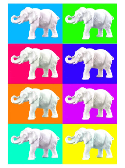 Manufakturen-Blog-PopArt-Projekt: Aus dem Tierreich II (Elefanten), bunt II (Foto: Wigmar Bressel) - basierend auf einem Foto einer Skulptur der Thüringer Porzellanmanufaktur Reichenbach aus dem Fundus der Gräfenthaler Porzellanmanufaktur in der Reichenbacher Produktion