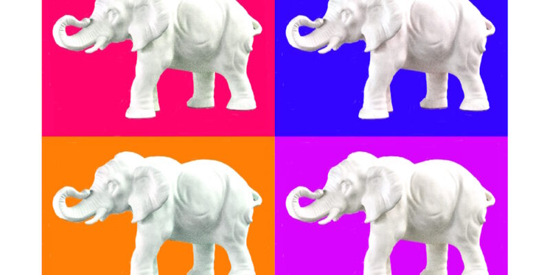 Manufakturen-Blog-PopArt-Projekt: Aus dem Tierreich II (Elefanten), bunt II (Foto: Wigmar Bressel) - basierend auf einem Foto einer Skulptur der Thüringer Porzellanmanufaktur Reichenbach aus dem Fundus der Gräfenthaler Porzellanmanufaktur in der Reichenbacher Produktion