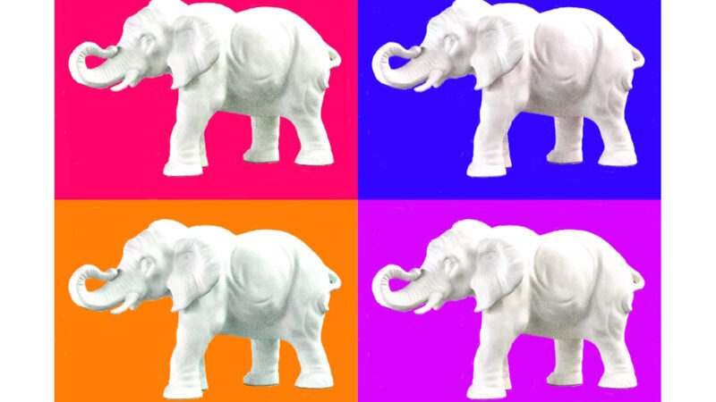 Manufakturen-Blog-PopArt-Projekt: Aus dem Tierreich II (Elefanten), bunt II (Foto: Wigmar Bressel) - basierend auf einem Foto einer Skulptur der Thüringer Porzellanmanufaktur Reichenbach aus dem Fundus der Gräfenthaler Porzellanmanufaktur in der Reichenbacher Produktion