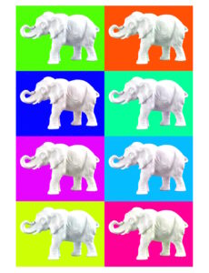 Manufakturen-Blog-PopArt-Projekt: Aus dem Tierreich II (Elefanten), bunt (Foto: Wigmar Bressel) - basierend auf einem Foto einer Skulptur der Thüringer Porzellanmanufaktur Reichenbach aus dem Fundus der Gräfenthaler Porzellanmanufaktur in der Reichenbacher Produktion