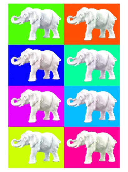 Manufakturen-Blog-PopArt-Projekt: Aus dem Tierreich II (Elefanten), bunt (Foto: Wigmar Bressel) - basierend auf einem Foto einer Skulptur der Thüringer Porzellanmanufaktur Reichenbach aus dem Fundus der Gräfenthaler Porzellanmanufaktur in der Reichenbacher Produktion