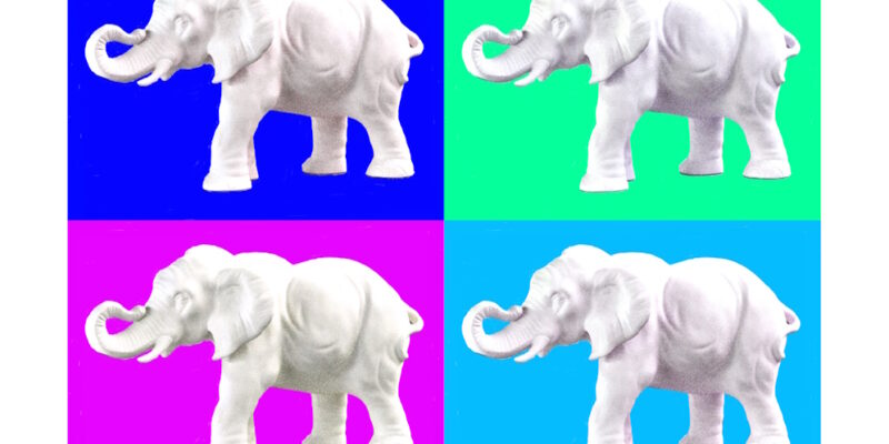 Manufakturen-Blog-PopArt-Projekt: Aus dem Tierreich II (Elefanten), bunt (Foto: Wigmar Bressel) - basierend auf einem Foto einer Skulptur der Thüringer Porzellanmanufaktur Reichenbach aus dem Fundus der Gräfenthaler Porzellanmanufaktur in der Reichenbacher Produktion