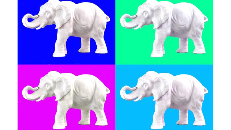 Manufakturen-Blog-PopArt-Projekt: Aus dem Tierreich II (Elefanten), bunt (Foto: Wigmar Bressel) - basierend auf einem Foto einer Skulptur der Thüringer Porzellanmanufaktur Reichenbach aus dem Fundus der Gräfenthaler Porzellanmanufaktur in der Reichenbacher Produktion
