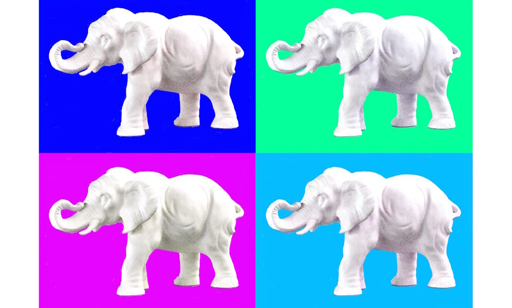 Manufakturen-Blog-PopArt-Projekt: Aus dem Tierreich II (Elefanten), bunt (Foto: Wigmar Bressel) - basierend auf einem Foto einer Skulptur der Thüringer Porzellanmanufaktur Reichenbach aus dem Fundus der Gräfenthaler Porzellanmanufaktur in der Reichenbacher Produktion