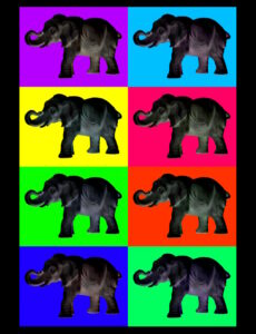 Manufakturen-Blog-PopArt-Projekt: Aus dem Tierreich II (Elefanten), bunt / schwarz (Foto: Wigmar Bressel) - basierend auf einem Foto einer Plastik der Thüringer Porzellanmanufaktur Reichenbach aus dem Fundus der Gräfenthaler Porzellanmanufaktur in der Reichenbacher Produktion