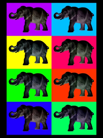 Manufakturen-Blog-PopArt-Projekt: Aus dem Tierreich II (Elefanten), bunt / schwarz (Foto: Wigmar Bressel) - basierend auf einem Foto einer Plastik der Thüringer Porzellanmanufaktur Reichenbach aus dem Fundus der Gräfenthaler Porzellanmanufaktur in der Reichenbacher Produktion