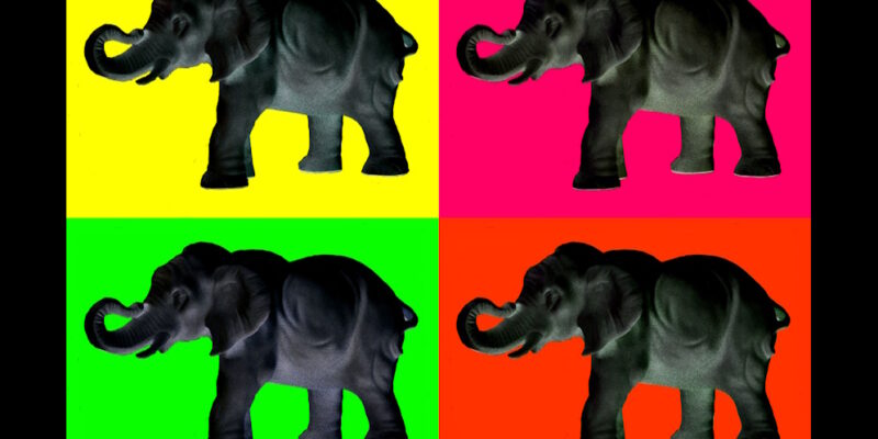 Manufakturen-Blog-PopArt-Projekt: Aus dem Tierreich II (Elefanten), bunt / schwarz (Foto: Wigmar Bressel) - basierend auf einem Foto einer Plastik der Thüringer Porzellanmanufaktur Reichenbach aus dem Fundus der Gräfenthaler Porzellanmanufaktur in der Reichenbacher Produktion
