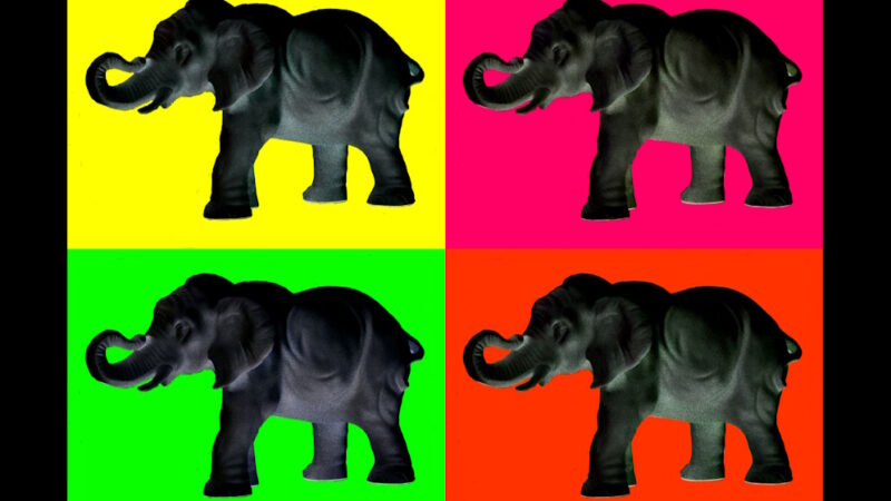 Manufakturen-Blog-PopArt-Projekt: Aus dem Tierreich II (Elefanten), bunt / schwarz (Foto: Wigmar Bressel) - basierend auf einem Foto einer Plastik der Thüringer Porzellanmanufaktur Reichenbach aus dem Fundus der Gräfenthaler Porzellanmanufaktur in der Reichenbacher Produktion