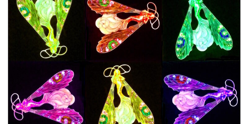 Manufakturen-Blog-PopArt-Projekt: Aus dem Tierreich I (Libellen), bunt / schwarz II (Foto: Wigmar Bressel) - basierend auf einem Foto des Kettenanhängers 'Weibliche Libelle' des Glasmanufakteurs René Lalique aus der Zeit zwischen 1897 und 1899, fotografiert im Werksmuseum der Glasmanufaktur Lalique im elsäßischen Wingen-sur-Moder.