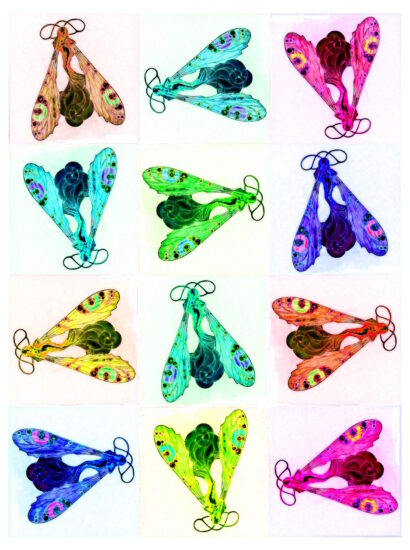 Manufakturen-Blog-PopArt-Projekt: Aus dem Tierreich I (Libellen), weiß / bunt (Foto: Wigmar Bressel) - basierend auf einem Foto der Brosche 'Weibliche Libelle' des Glasmanufakteurs René Lalique aus der Zeit zwischen 1897 und 1899, fotografiert im Werksmuseum der Glasmanufaktur Lalique im elsäßischen Wingen-sur-Moder.